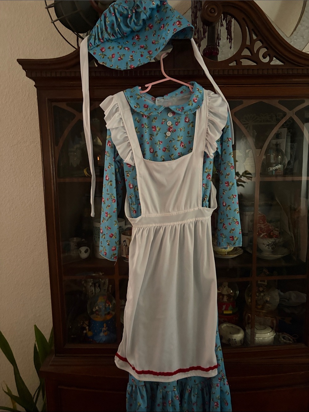 Blue Floral Kids Dress with White Apron and Matching Bonnet
